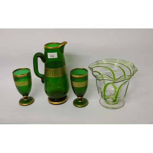 286 - An art glass Art Nouveau trumpet shaped vase and a part lemonade set decorated with a Greek key desi... 