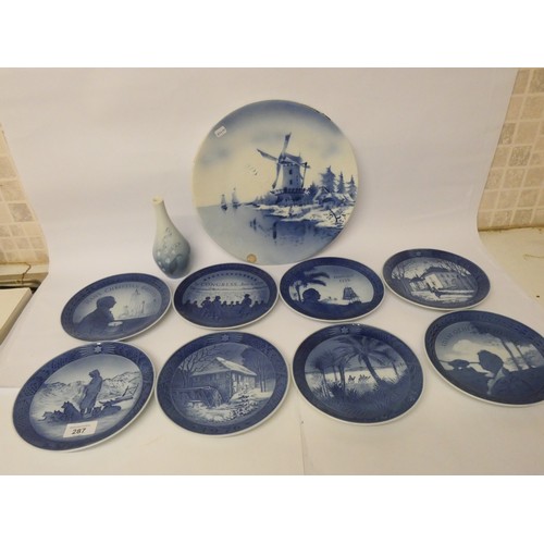 287 - A Royal Copenhagen Christmas plates, German blue and white plate and a Bing and Grondahl vase