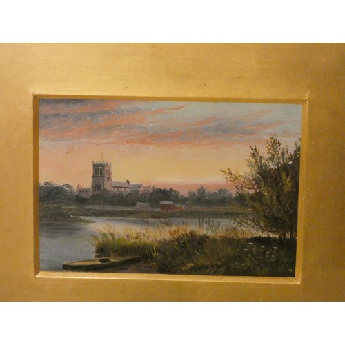 16 - A small 19th century watercolour of Christchurch Priory in a sunset, framed and glazed, image size a... 