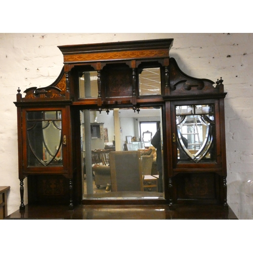 10 - Edwardian inlaid rosewood side cabinet with mirrored back, bow fronted centre section, 5' wide