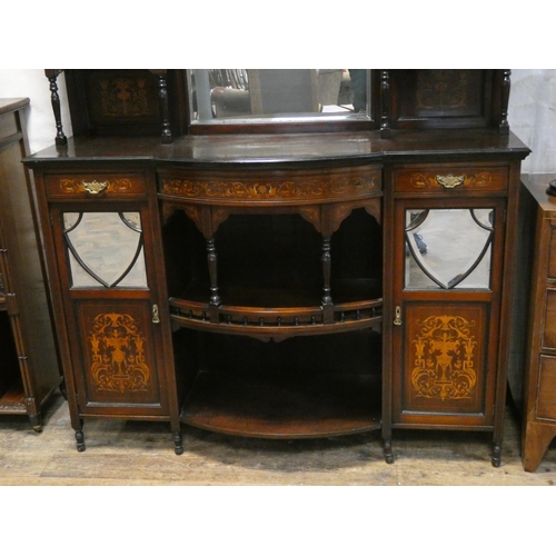 10 - Edwardian inlaid rosewood side cabinet with mirrored back, bow fronted centre section, 5' wide