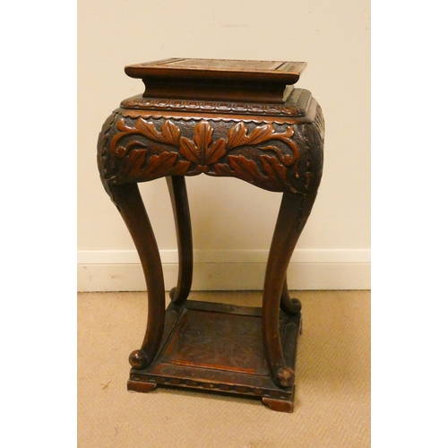 2 - Square carved hardwood oriental plant pedestal with under tier, 15