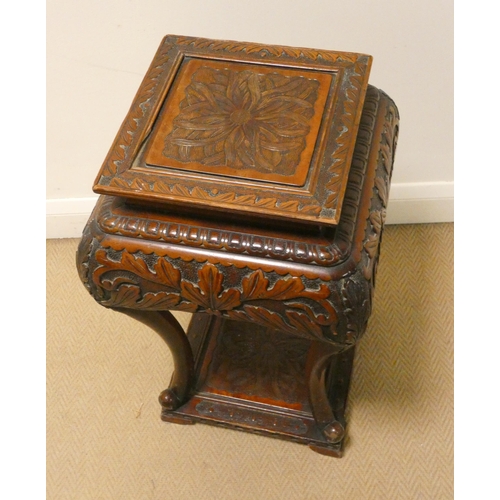 2 - Square carved hardwood oriental plant pedestal with under tier, 15