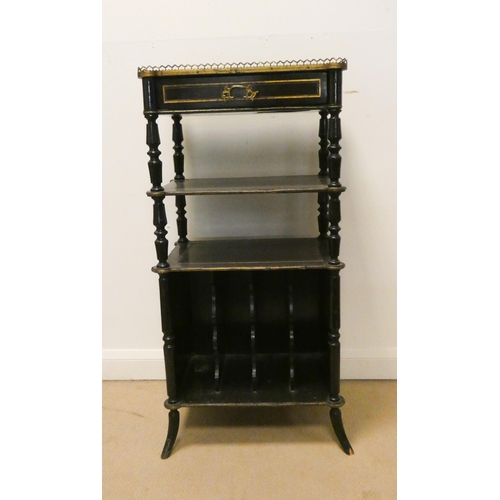 22 - Late Victorian brass inlaid ebony music cabinet, with lift top with shelves and racks under, 21