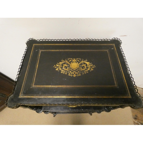 22 - Late Victorian brass inlaid ebony music cabinet, with lift top with shelves and racks under, 21