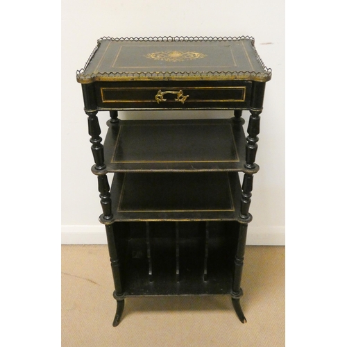 22 - Late Victorian brass inlaid ebony music cabinet, with lift top with shelves and racks under, 21