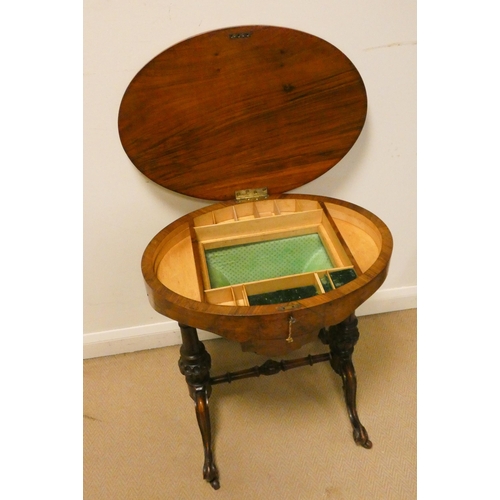 44 - Victorian oval inlaid walnut sewing box, the lift top section raised on turned stretcher base, 25