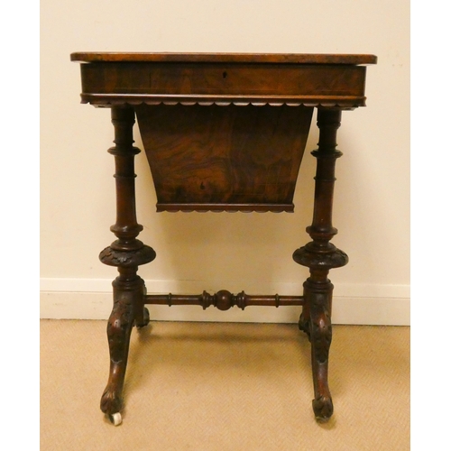 46 - Victorian inlaid walnut sewing table on carved stretcher base, 21