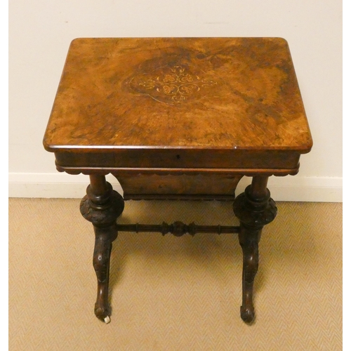 46 - Victorian inlaid walnut sewing table on carved stretcher base, 21