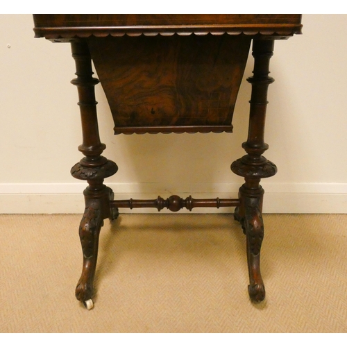 46 - Victorian inlaid walnut sewing table on carved stretcher base, 21