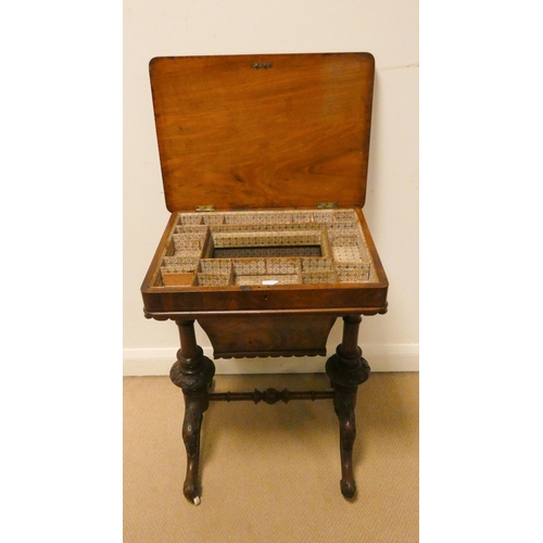 46 - Victorian inlaid walnut sewing table on carved stretcher base, 21