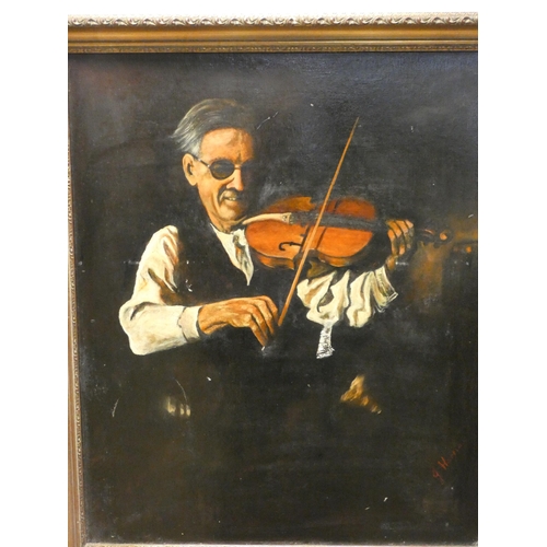 5 - Gilt framed oil painting portrait of a violinist, signed J Harris, 23