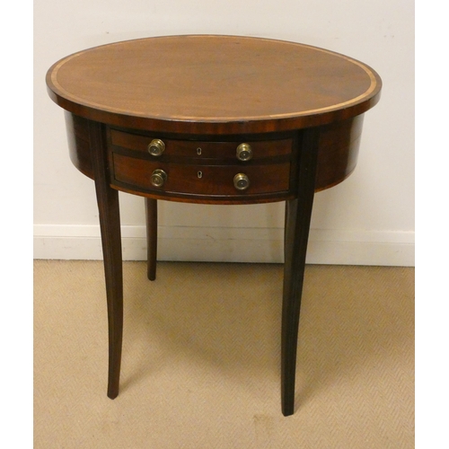 53 - Edwardian style oval inlaid mahogany occasional table fitted two drawers on bowed reeded legs, 28