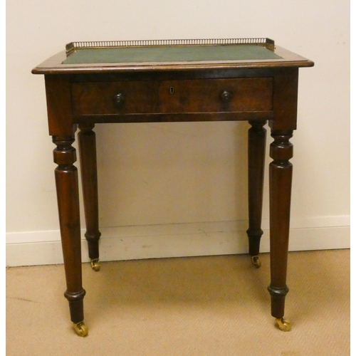 58 - Small Victorian walnut writing table with brass fretwork gallery, and green leather inset top, 26