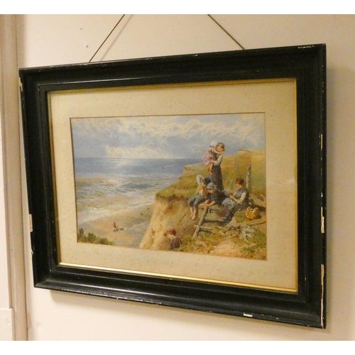 6 - Framed watercolour after Myles Birket Foster of children on a clifftop setting, 11