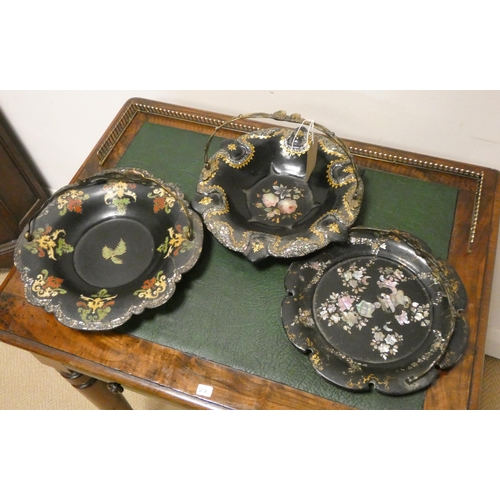 65 - Three Victorian black lacquer and papier mâché and mother of pearl inlaid cake baskets