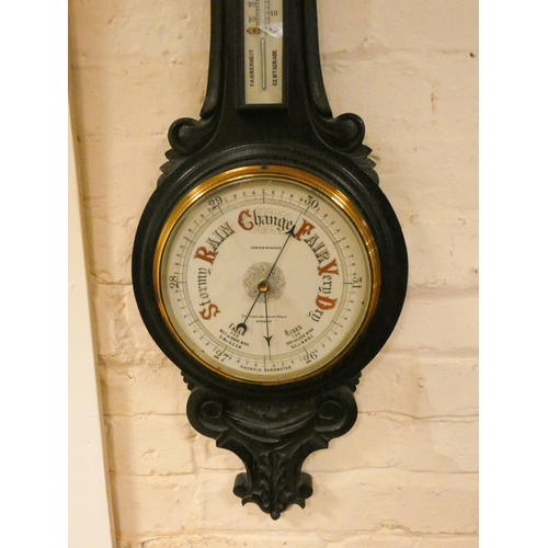 77 - Edwardian banjo wall barometer - Johnson's & Sons London in carved dark oak case