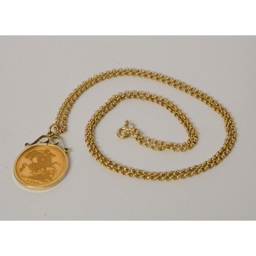 501 - Elizabeth II 2003 Gold Half Sovereign, mounted as a pendant on 9ct gold chain. Weight 11.2g. With pa... 