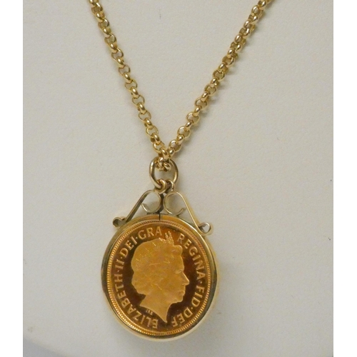 501 - Elizabeth II 2003 Gold Half Sovereign, mounted as a pendant on 9ct gold chain. Weight 11.2g. With pa... 