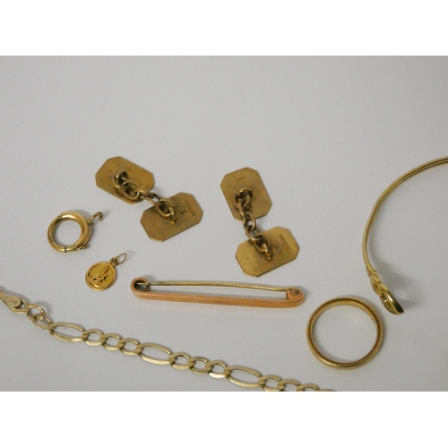 514 - A collection of 9ct yellow gold - pair of gents cufflinks, chain bracelet, bangle etc. Gross weight ... 