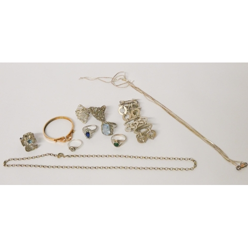 588 - A silver necklace, link panel bracelet marked 925, seven stone set dress rings, gilt chain and coin ... 