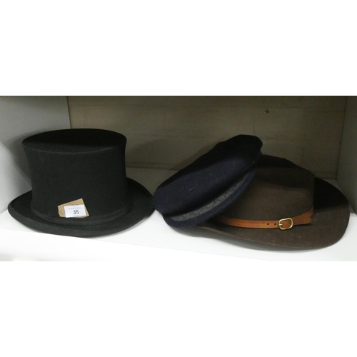 35 - Vintage silk top hat and two further old hats