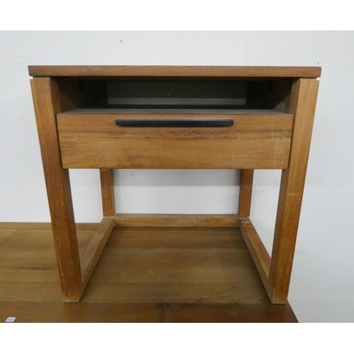 6 - Contemporary hardwood chest of three long drawers with ebony handles and a matching bedside cabinet