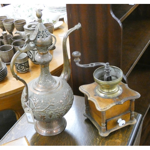 91 - Turkish copper coffee pot and a vintage coffee grinder