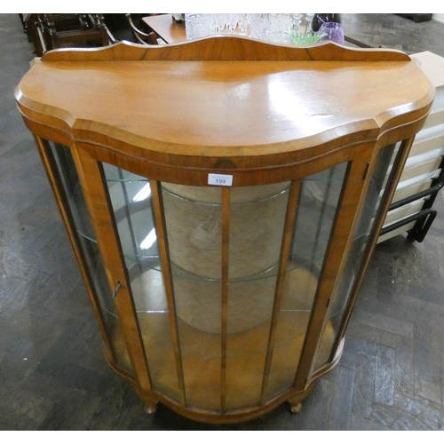 159 - 1950's walnut bow fronted china display cabinet, 3' wide