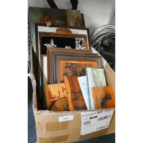 322 - Three  boxes of household oddments - pictures, glass, china etc