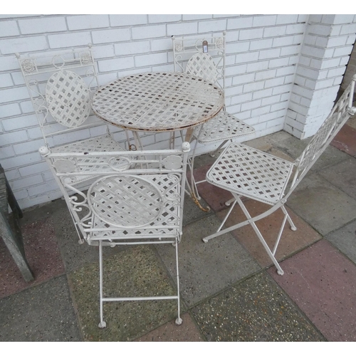 425 - Metal white painted bistro garden table and four folding chairs