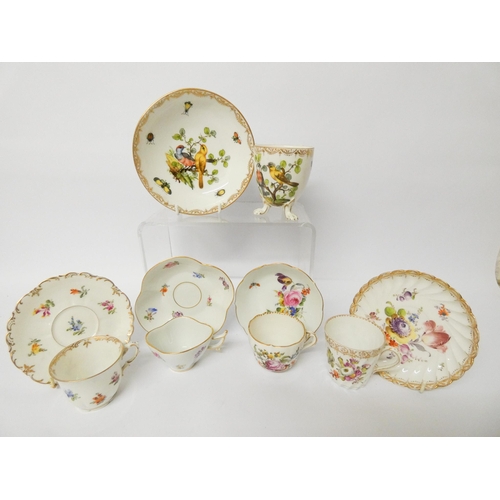 329 - A collection of five Dresden cabinet cups and saucers - all with floral decoration and blue Dresden ... 