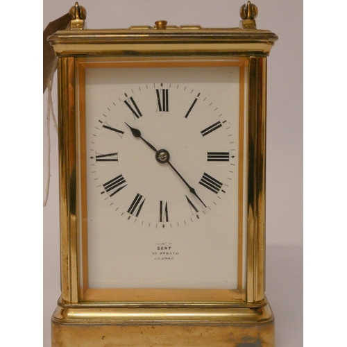 263 - A large brass repeater carriage clock, the white dial signed Dent, The Strand London, height with ha... 