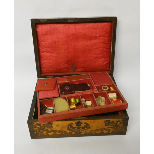 266 - A Victorian inlaid rosewood ladies sewing box with various fittings