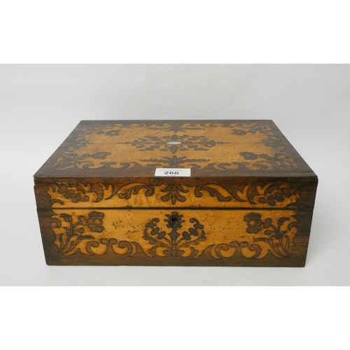 266 - A Victorian inlaid rosewood ladies sewing box with various fittings