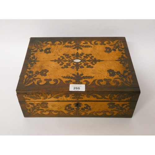 266 - A Victorian inlaid rosewood ladies sewing box with various fittings