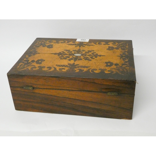 266 - A Victorian inlaid rosewood ladies sewing box with various fittings