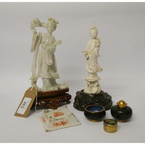 285 - A Blanc de Chine figure on a hardwood base, modern oriental figure, small pieces of cloisonné etc