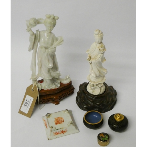 285 - A Blanc de Chine figure on a hardwood base, modern oriental figure, small pieces of cloisonné etc