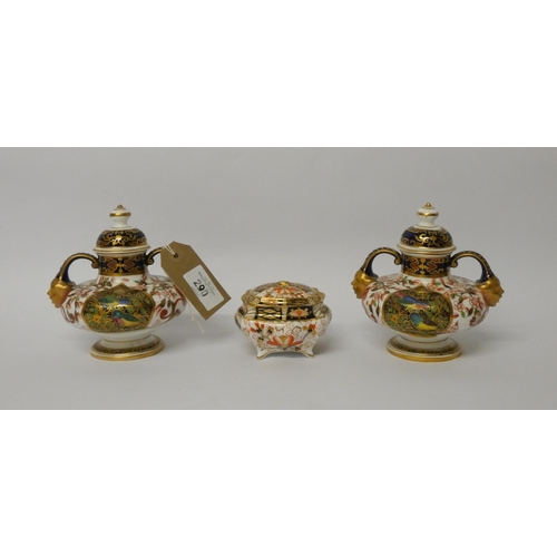 290 - A Royal Crown Derby trinket box and cover and a pair of Japan pattern twin handled covered vases