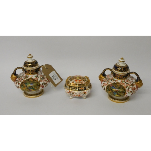 290 - A Royal Crown Derby trinket box and cover and a pair of Japan pattern twin handled covered vases