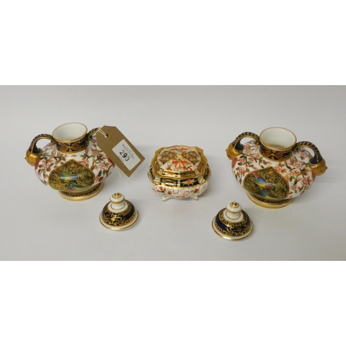 290 - A Royal Crown Derby trinket box and cover and a pair of Japan pattern twin handled covered vases