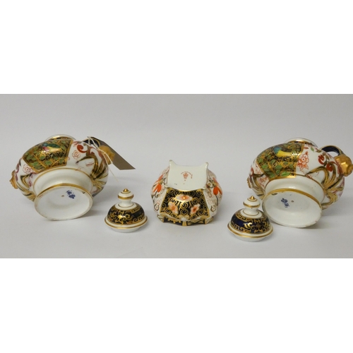 290 - A Royal Crown Derby trinket box and cover and a pair of Japan pattern twin handled covered vases