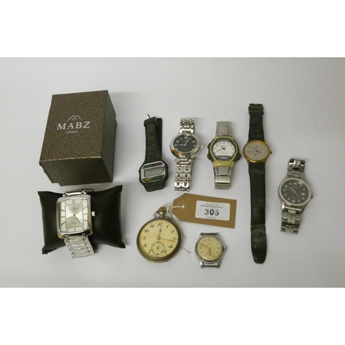 305 - A collection of gents stainless steel wristwatches and pocket watch