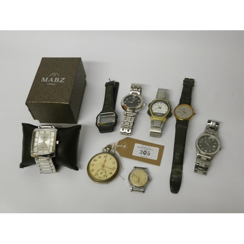 305 - A collection of gents stainless steel wristwatches and pocket watch