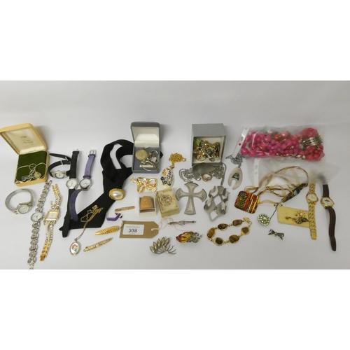 308 - Assorted silver necklaces, vintage  bar brooch and costume jewellery