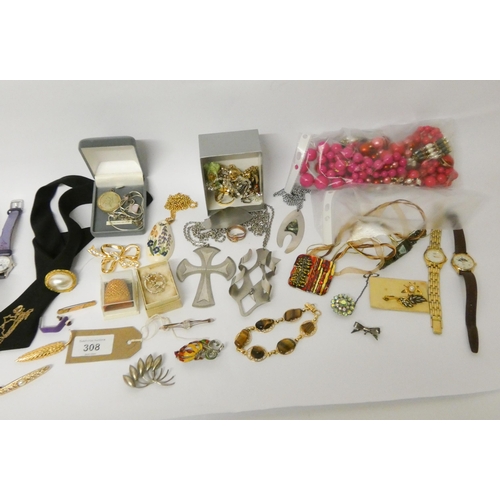 308 - Assorted silver necklaces, vintage  bar brooch and costume jewellery