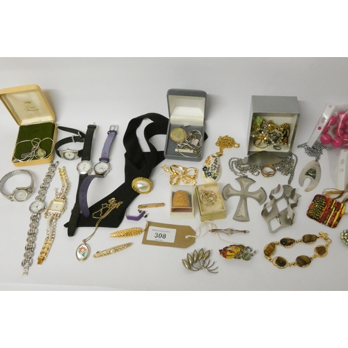 308 - Assorted silver necklaces, vintage  bar brooch and costume jewellery