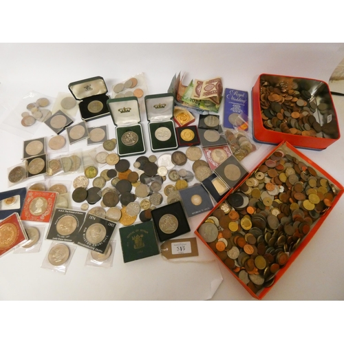 315 - A large accumulation of coins and bank notes to include silver crowns, shillings, sixpences, medalli... 