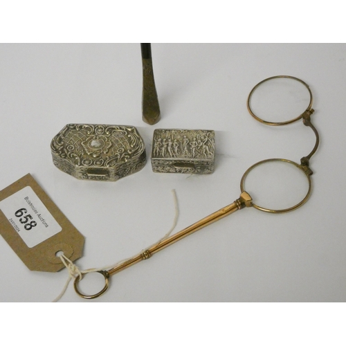 658 - A pair of Victorian lorgnettes, two silver pill boxes and a vintage cigarette holder